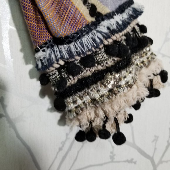 Zara Blue Striped Open Boho Kimono Cardigan w/ Pom Poms - Picture 3 of 5